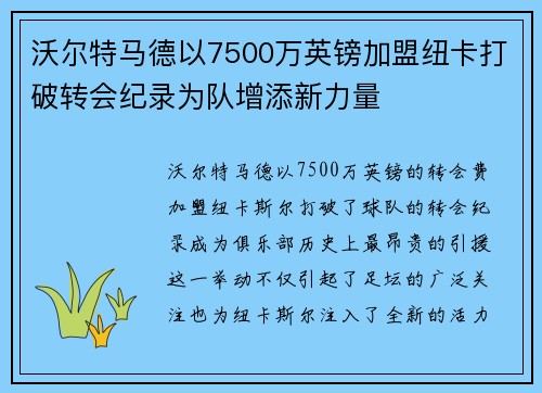 沃尔特马德以7500万英镑加盟纽卡打破转会纪录为队增添新力量